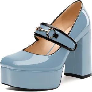 MERRORI Mary Jane Shoes for Women High Chunky Platform Square Toe Heels Patent Leather Fashion Single Strap Dress Wedding Party Pumps Shoes