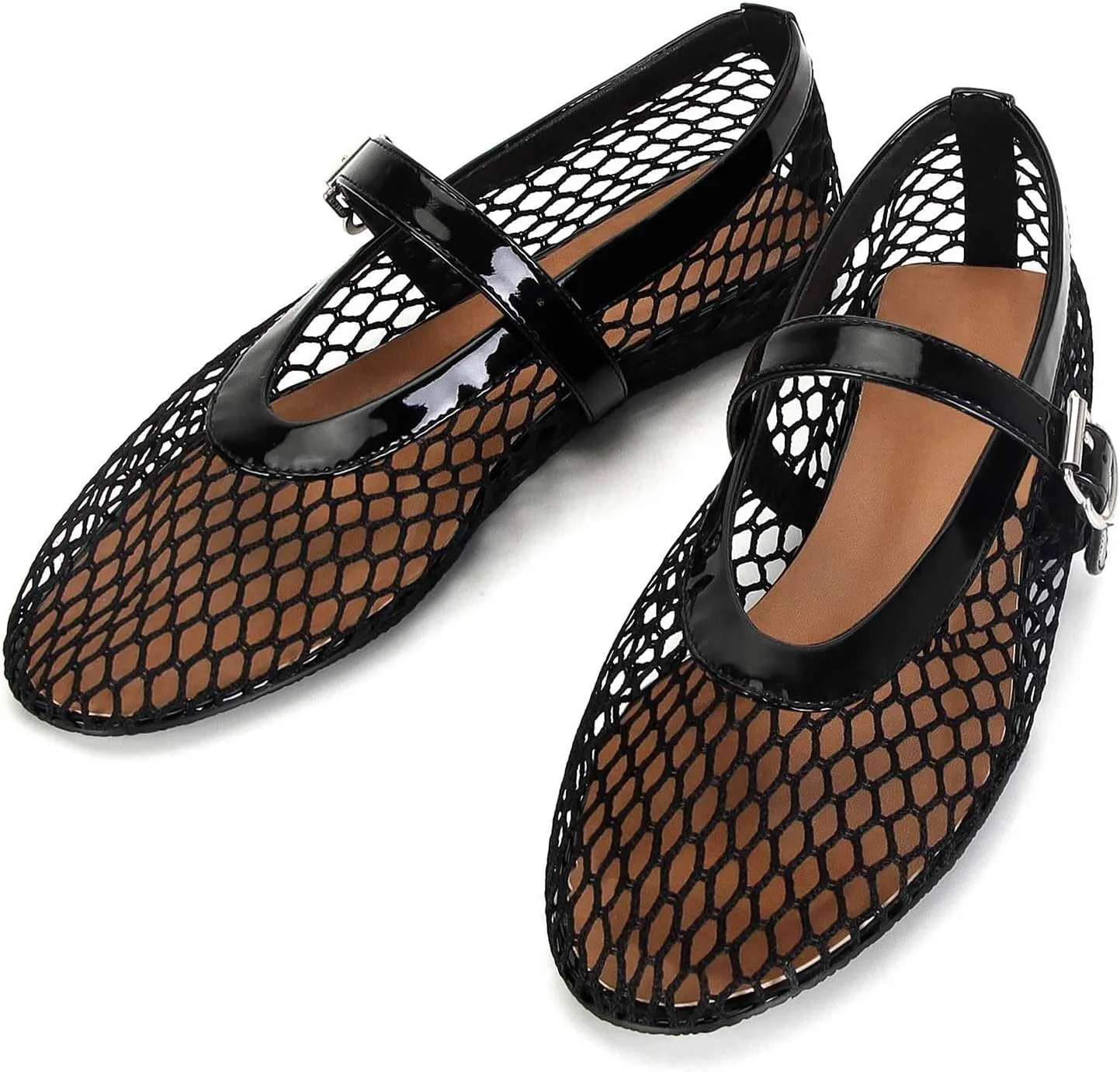 MICIFA Women's Mesh Ballet Flats Fishnet Ballerina Flats Buckle Strap Mary Jane Flats Causal Daily Dress Shoes
