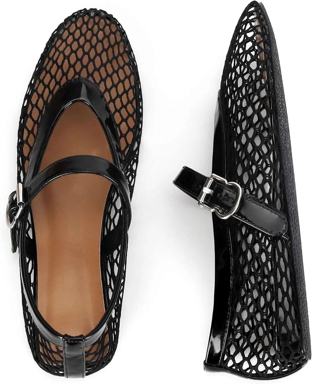 MICIFA Women's Mesh Ballet Flats Fishnet Ballerina Flats Buckle Strap Mary Jane Flats Causal Daily Dress Shoes