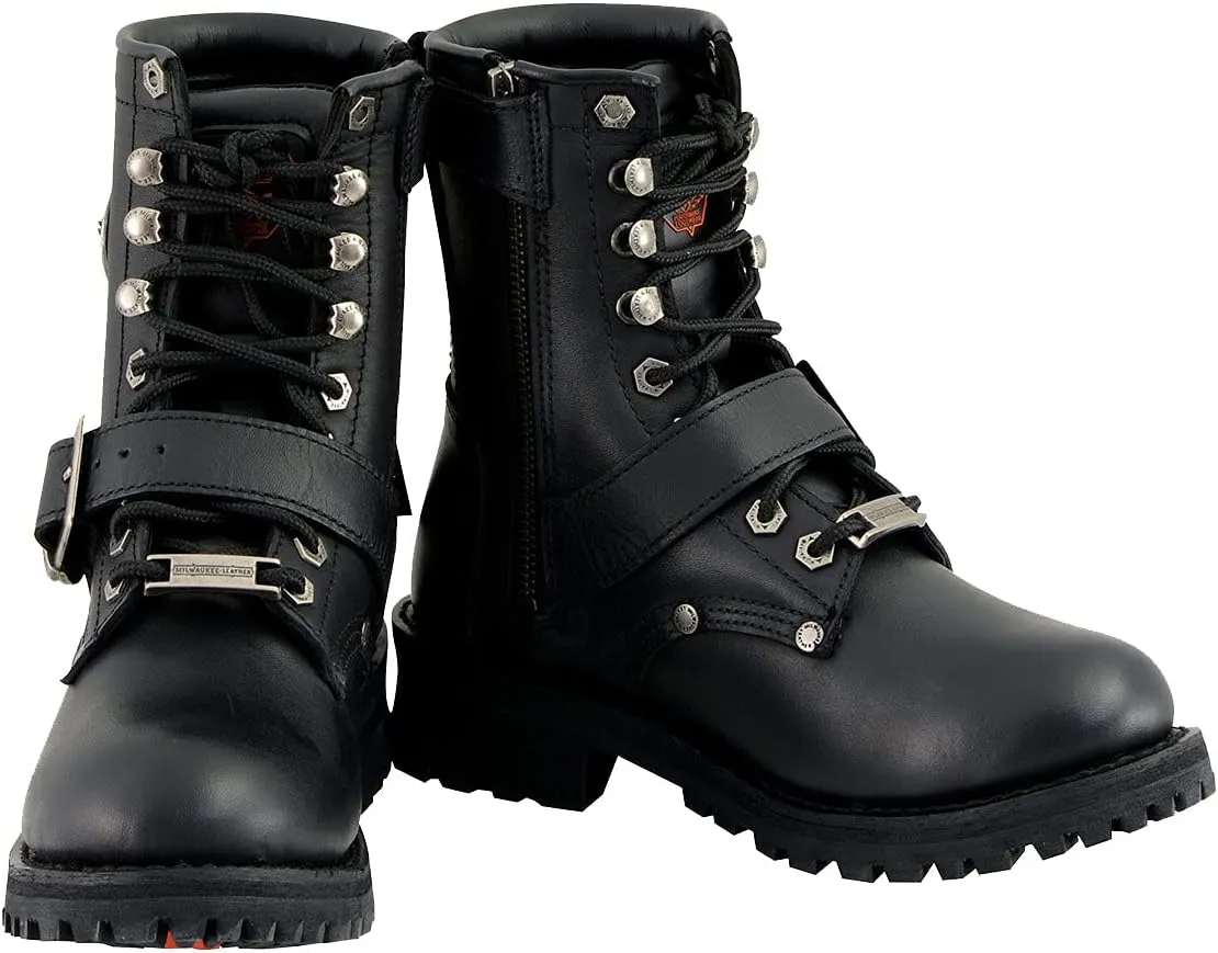 Milwaukee Leather MBL201 Women's Black Leather Lace-Up Motorcycle Rider Boots w/Buckles