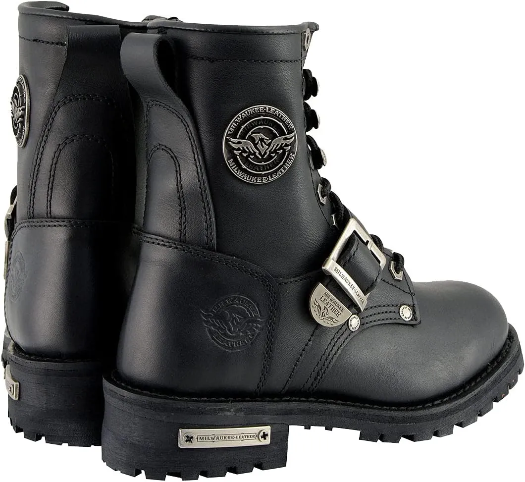 Milwaukee Leather MBL201 Women's Black Leather Lace-Up Motorcycle Rider Boots w/Buckles