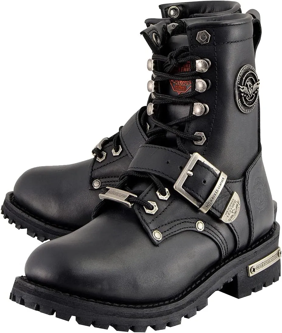 Milwaukee Leather MBL201 Women's Black Leather Lace-Up Motorcycle Rider Boots w/Buckles