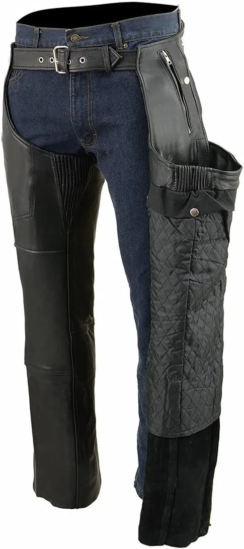 Milwaukee Leather Men's Black Premium Leather Snap Out Thermal Lined Motorcycle Rider Chaps- ML1191