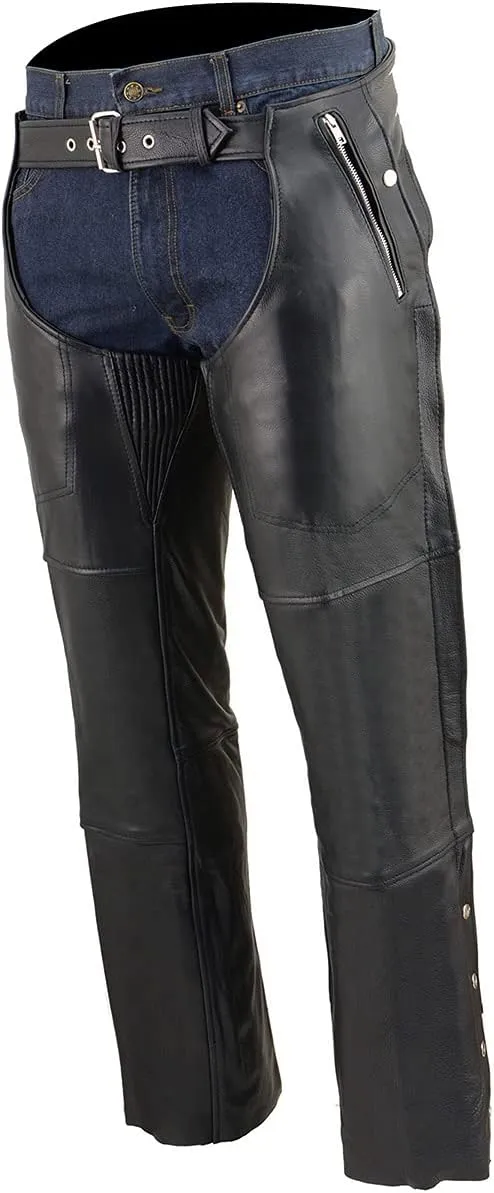 Milwaukee Leather Men's Black Premium Leather Snap Out Thermal Lined Motorcycle Rider Chaps- ML1191