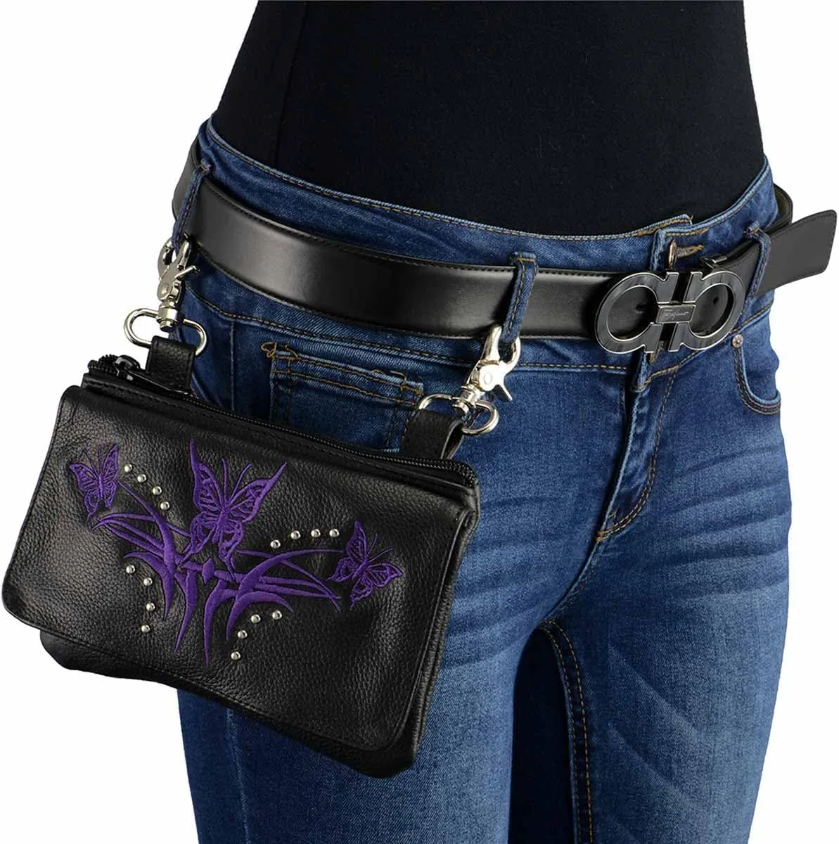 Milwaukee Leather MP8851 Women's Black and Purple Leather Multi Pocket Belt Bag