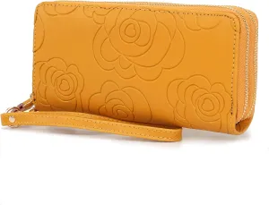 MKF Collection Wristlet Wallet for Women, Leather Flower Embossed Wristlet Strap with card slots Purse Mustard Yellow By Mia K