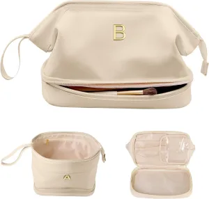 Monogrammed Gift for Women Girls, Initial Makeup Bag, Personalized Double Layer Cosmetic Bag with Makeup Brush Organizer, Large Capacity PU Leather Travel Toiletry Bag, Sister Gifts