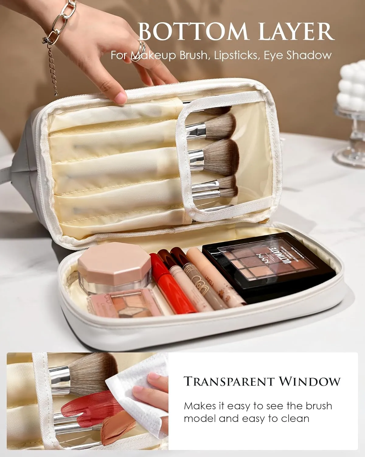 Monogrammed Gift for Women Girls, Initial Makeup Bag, Personalized Double Layer Cosmetic Bag with Makeup Brush Organizer, Large Capacity PU Leather Travel Toiletry Bag, Sister Gifts