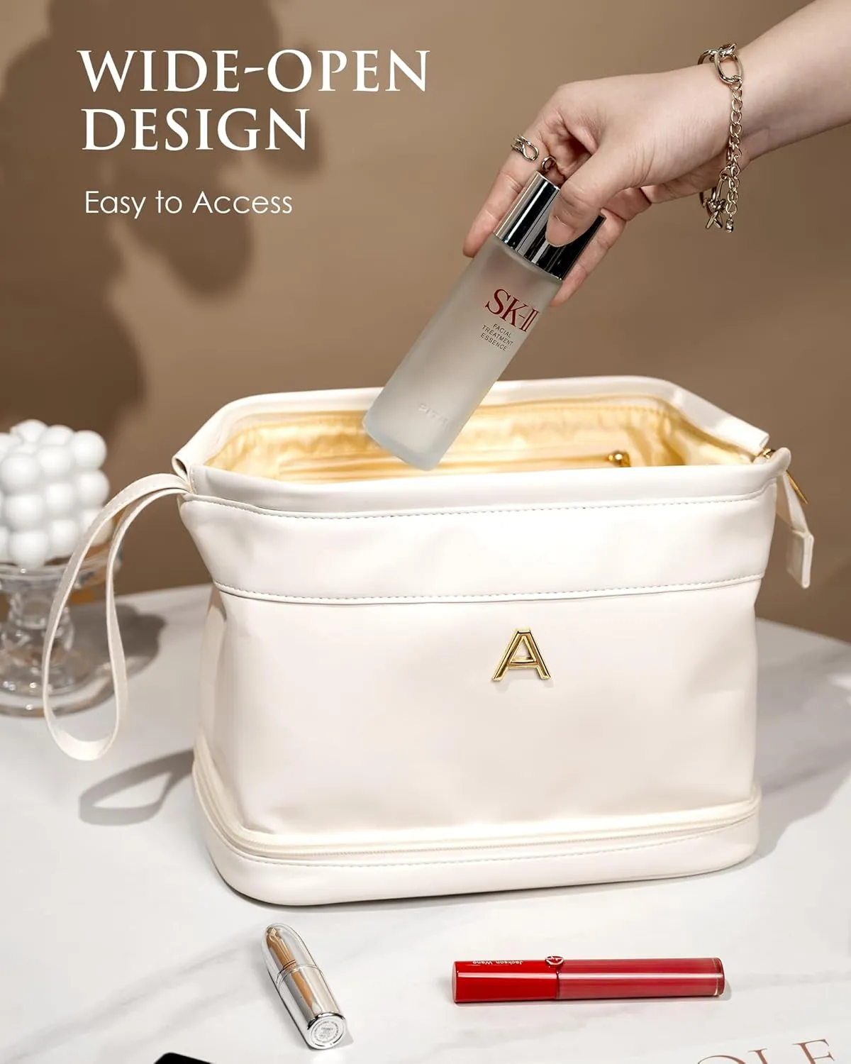 Monogrammed Gift for Women Girls, Initial Makeup Bag, Personalized Double Layer Cosmetic Bag with Makeup Brush Organizer, Large Capacity PU Leather Travel Toiletry Bag, Sister Gifts