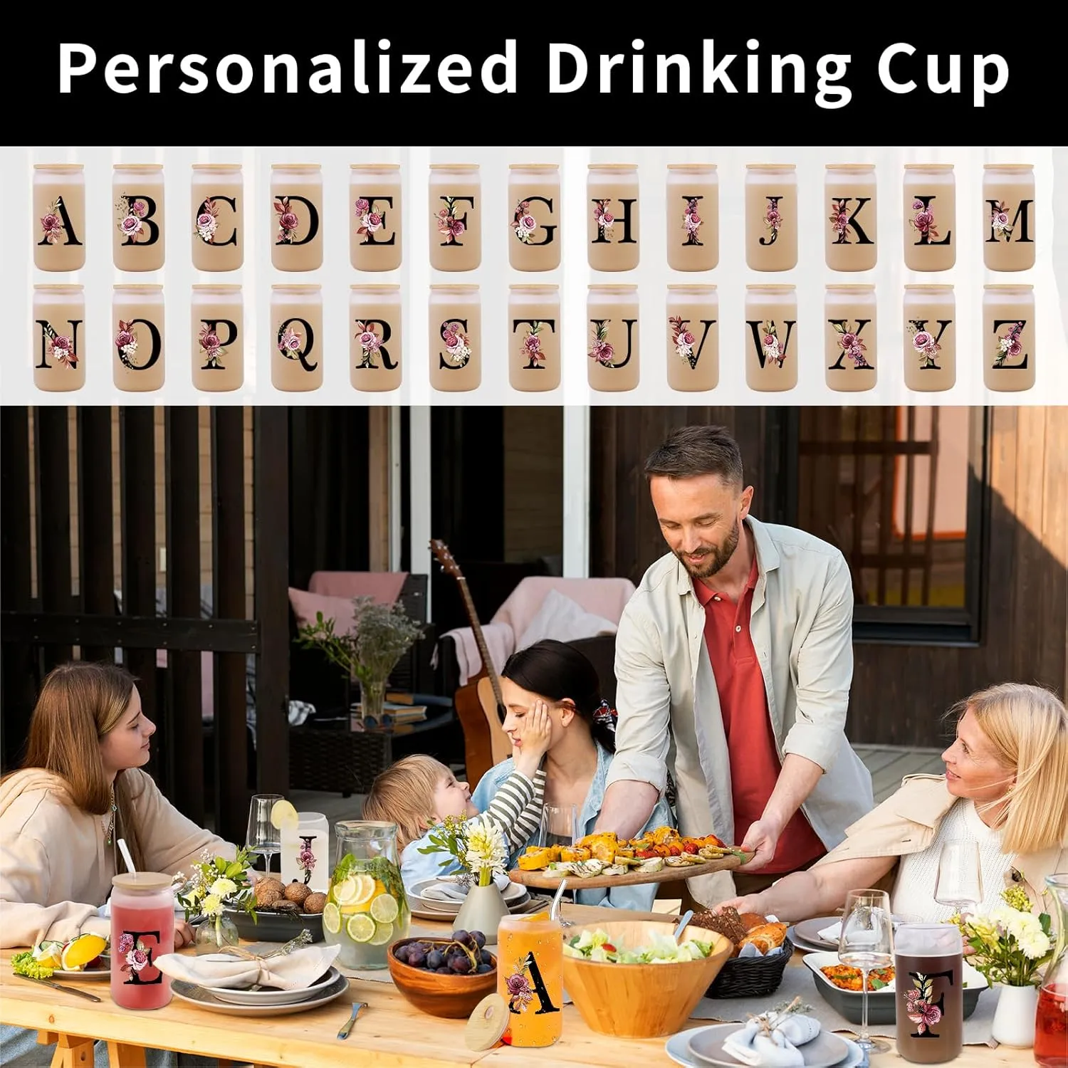 Monogrammed Glass Drinking Cup With Lid Straw Women Wife Gifts Anniversary Her 1 2 3 5 6 7 8 10 14 20 25 40 50 Year Cotton Copper Ivory Bronze Leather Iron Paper First 5th 6th 10th 25th 40th 50th 60,N