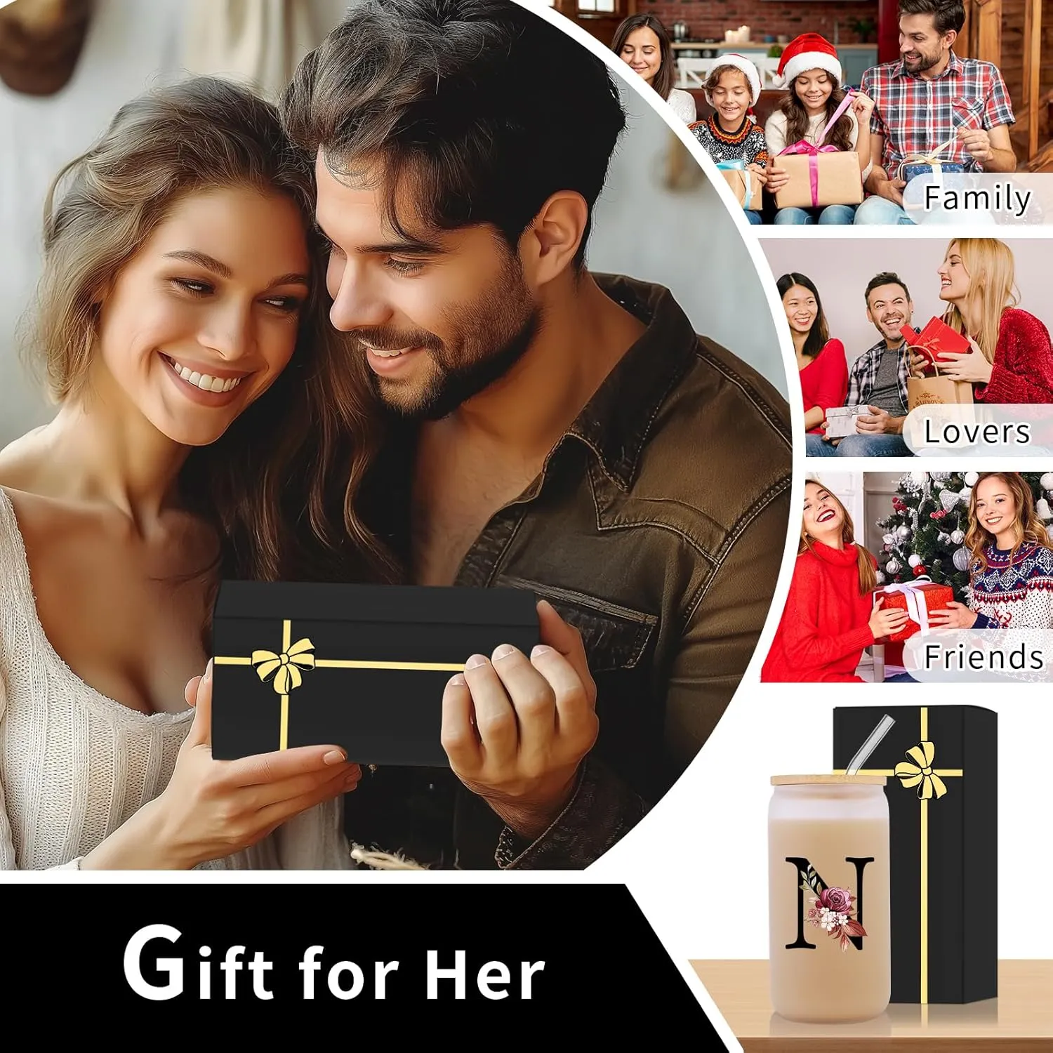 Monogrammed Glass Drinking Cup With Lid Straw Women Wife Gifts Anniversary Her 1 2 3 5 6 7 8 10 14 20 25 40 50 Year Cotton Copper Ivory Bronze Leather Iron Paper First 5th 6th 10th 25th 40th 50th 60,N