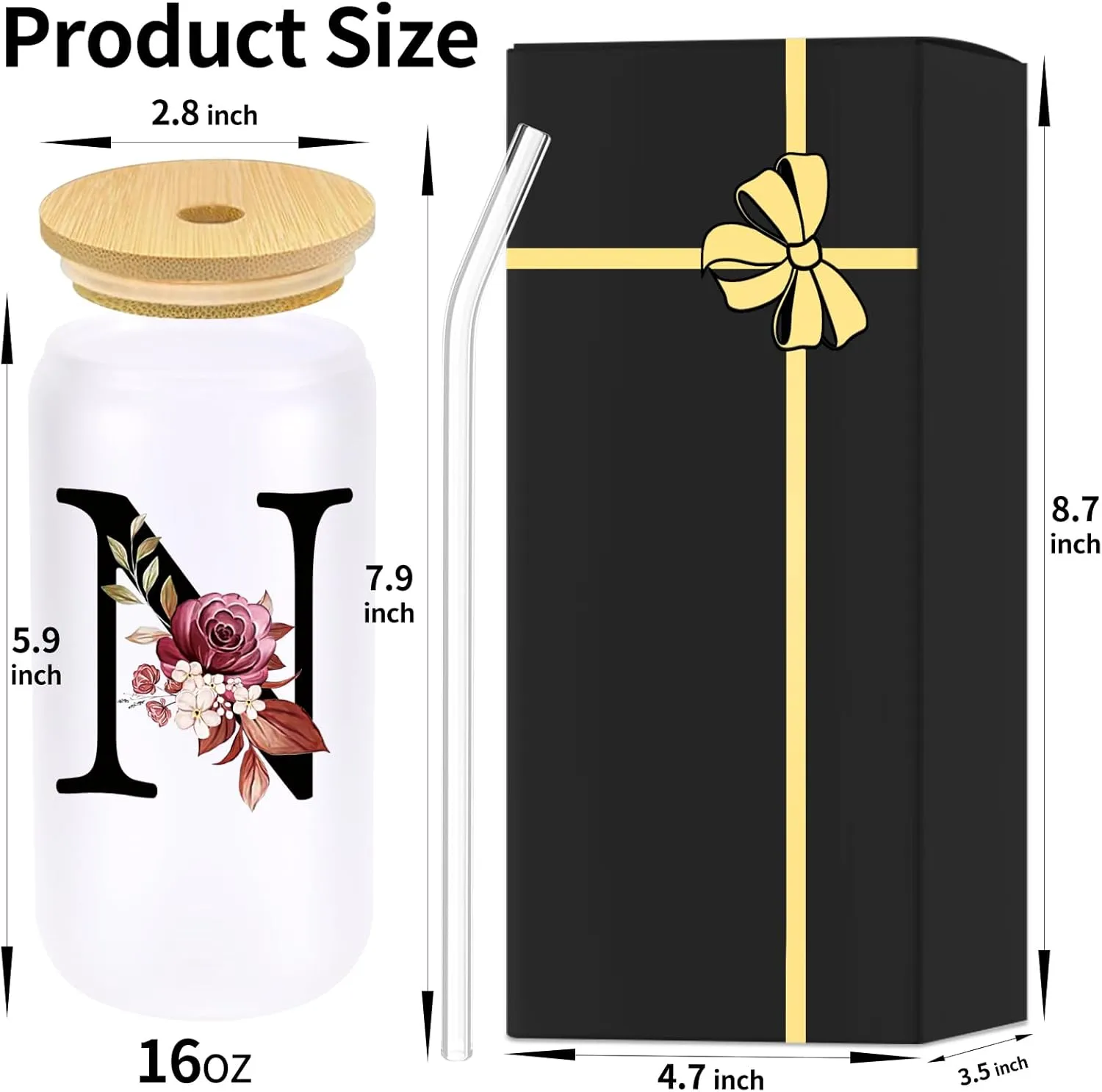 Monogrammed Glass Drinking Cup With Lid Straw Women Wife Gifts Anniversary Her 1 2 3 5 6 7 8 10 14 20 25 40 50 Year Cotton Copper Ivory Bronze Leather Iron Paper First 5th 6th 10th 25th 40th 50th 60,N