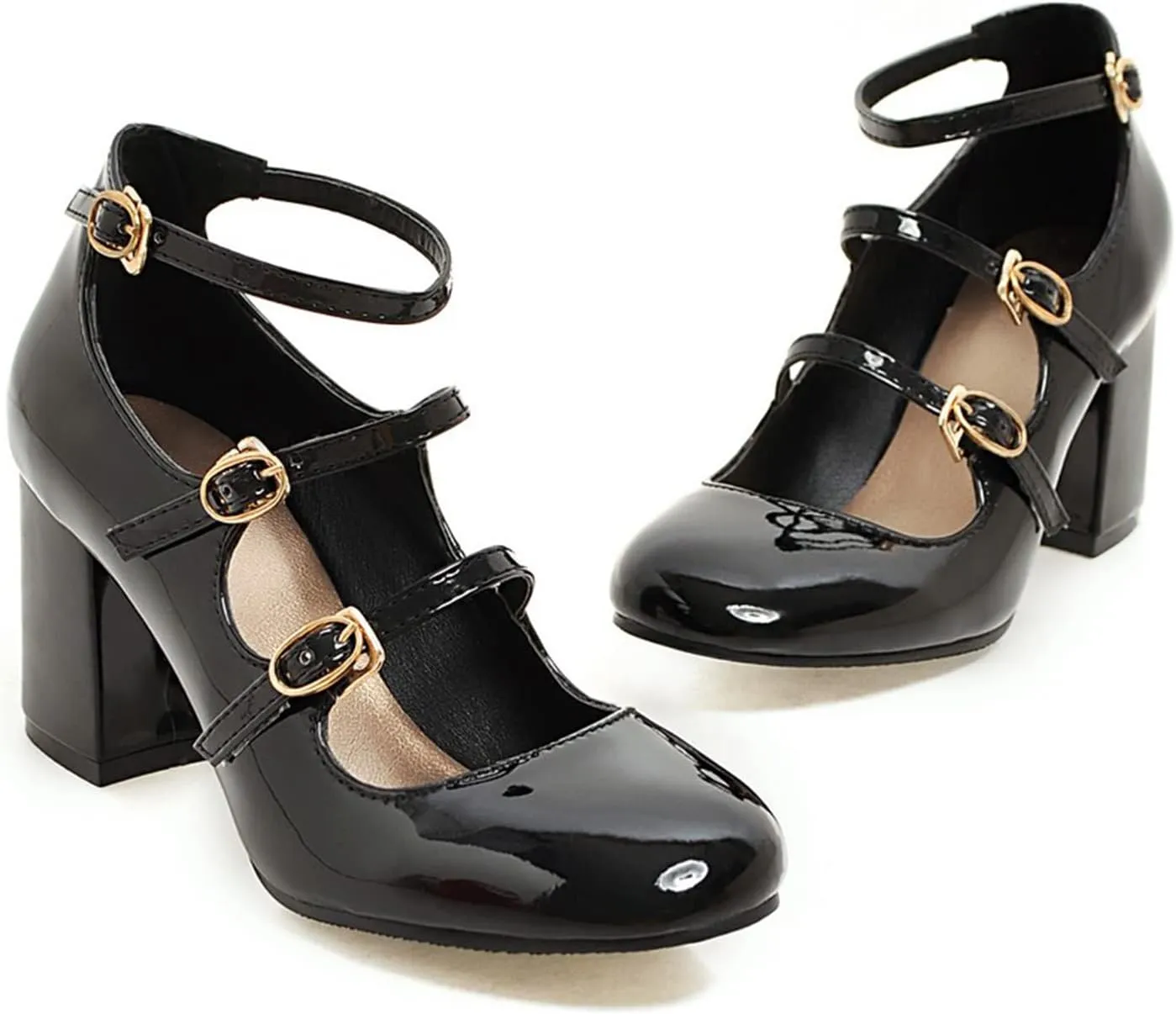 MOOMMO High Chunky Heel Mary Janes for Women Round Closed Toe Patent Leather Mary Jane Pumps Triple Ankle Strap Sexy 3” Block Heels Dress Shoes Sandals Sexy Party Wedding Cute 4-10 M US