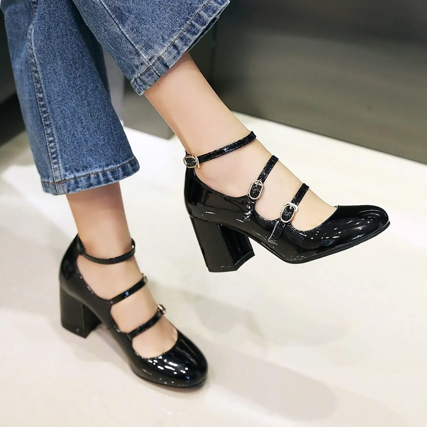 MOOMMO High Chunky Heel Mary Janes for Women Round Closed Toe Patent Leather Mary Jane Pumps Triple Ankle Strap Sexy 3” Block Heels Dress Shoes Sandals Sexy Party Wedding Cute 4-10 M US