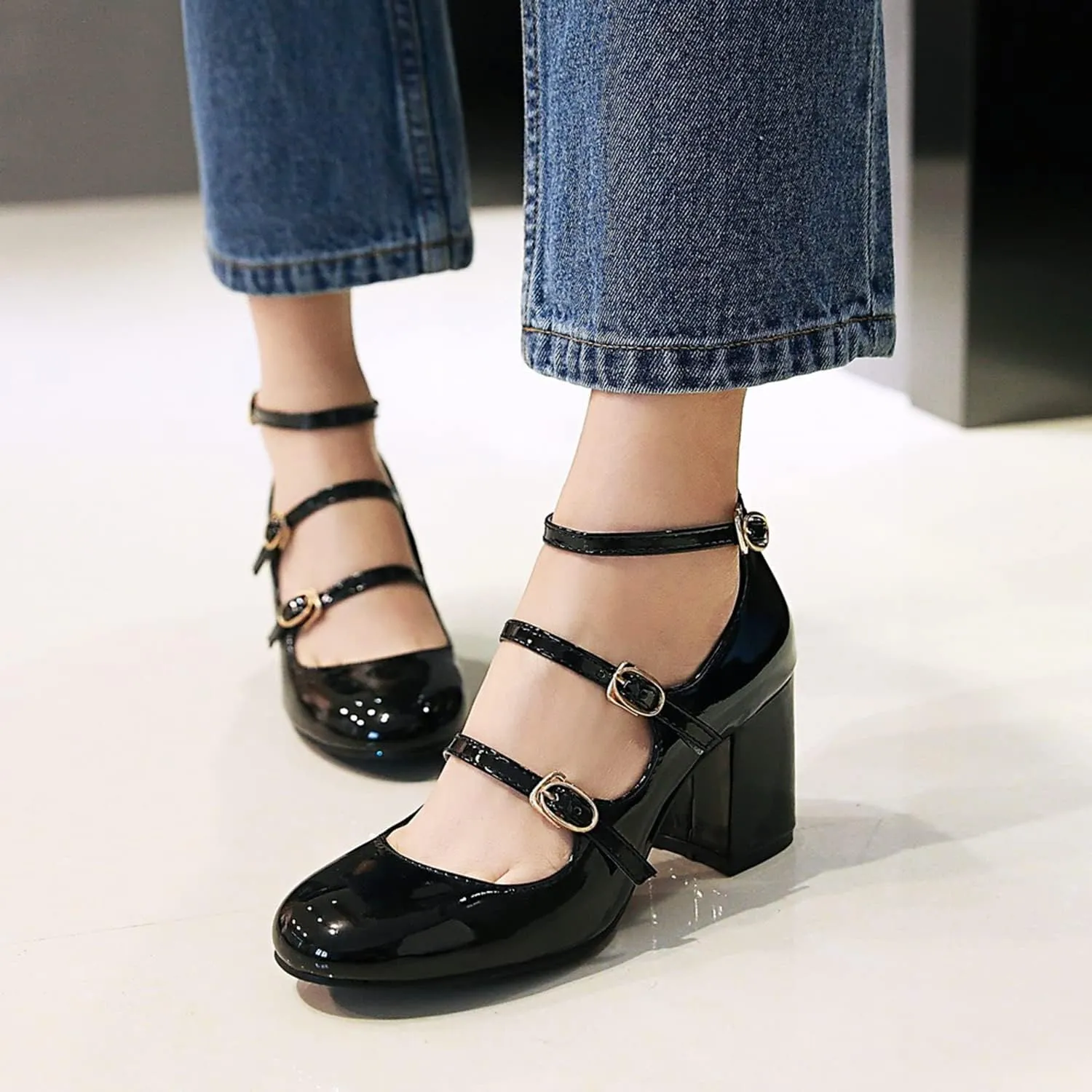 MOOMMO High Chunky Heel Mary Janes for Women Round Closed Toe Patent Leather Mary Jane Pumps Triple Ankle Strap Sexy 3” Block Heels Dress Shoes Sandals Sexy Party Wedding Cute 4-10 M US
