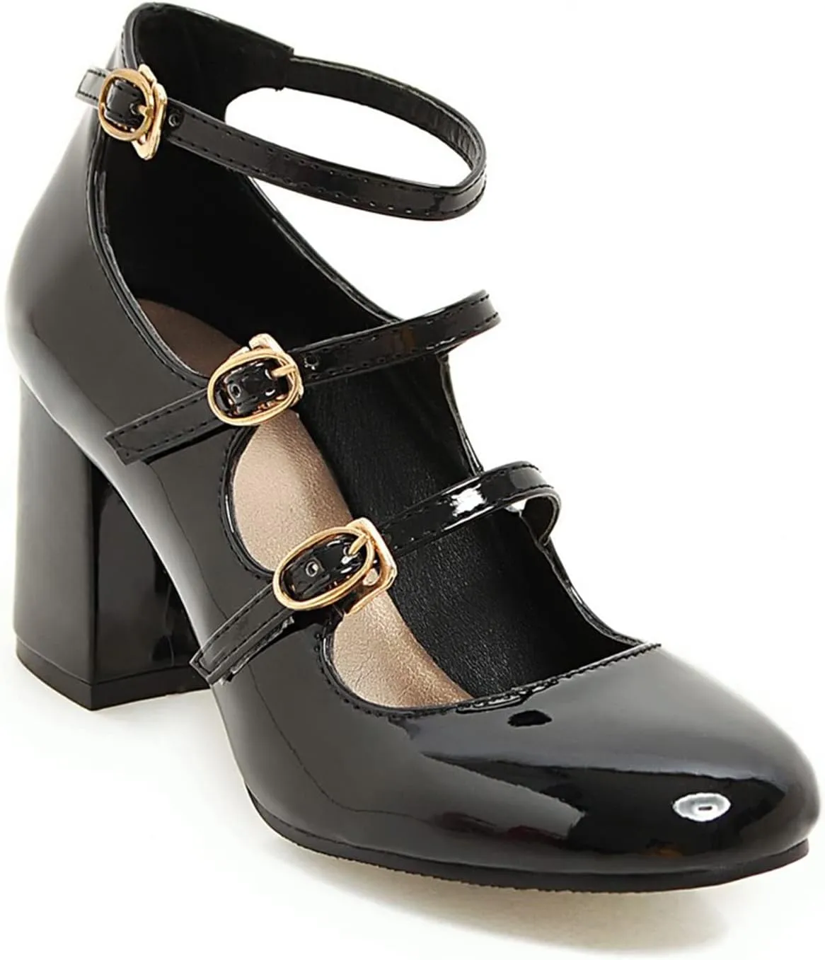 MOOMMO High Chunky Heel Mary Janes for Women Round Closed Toe Patent Leather Mary Jane Pumps Triple Ankle Strap Sexy 3” Block Heels Dress Shoes Sandals Sexy Party Wedding Cute 4-10 M US