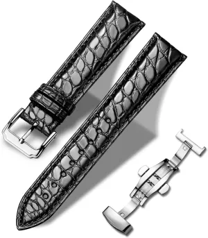 Moran Genuine Leather Watch Band 18mm 19mm 20mm 21mm 22mm 23mm 24mm Calf Grain Watch Strap for Men and Women 24mm Crocodile Leather-Black-Silver Buckle