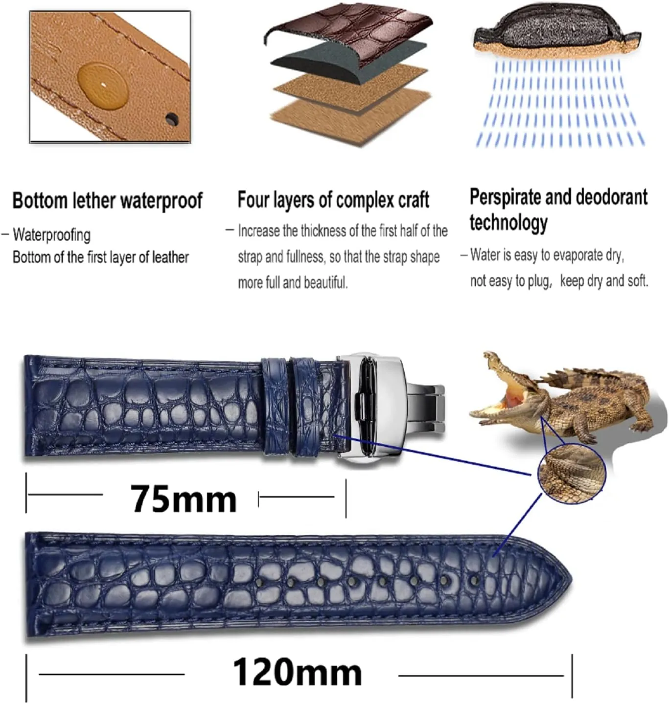 Moran Quick Release Alligator Leather Watch Band Deployment Butterfly Buckle 18mm 19mm 20mm 21mm 22mm 24mm Replacement Genuine Crocodile Leather Loop SmartWatch Strap for Men Women