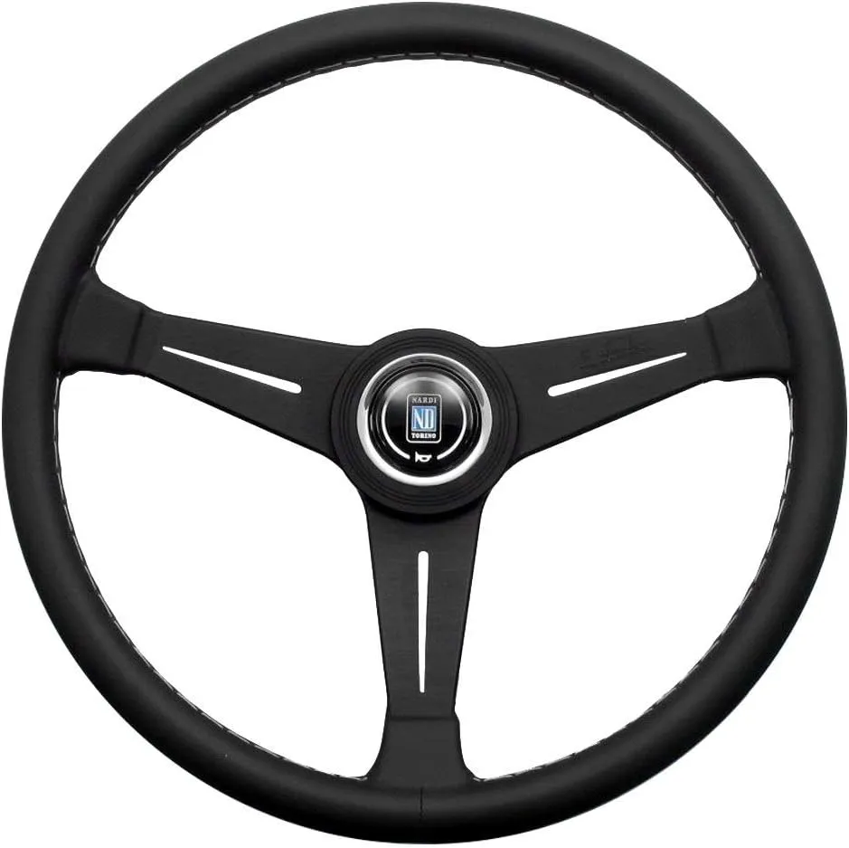 Nardi Steering Wheel - Classic - 390mm (15.35 inches) - Black Leather with Grey Stitching and Black Anodized Spokes - Black Aluminum Ring - Part # 6061.39.2001