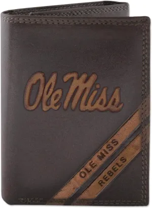 NCAA Ole Miss Rebels Zep-Pro Pull-Up Leather Trifold Embossed Wallet, Brown