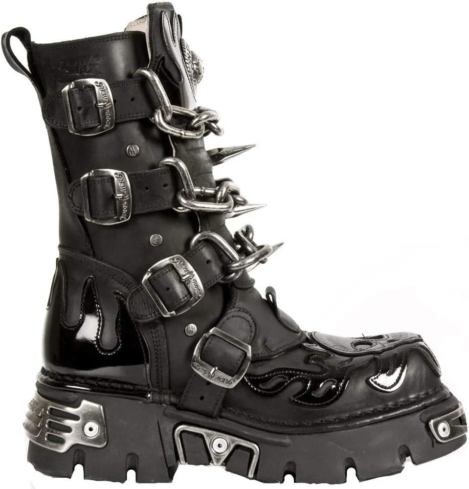 New Rock Mens Black Leather Skull Flame Reactor Boots M.727-S1