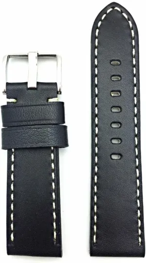NewLife 24mm Black Leather Watchband Compatible with Panerai Watch | Smooth Replacement Watchstrap Bracelet with Contrasting Off White Stitches that brings to Any Watch (Mens Standard Length)