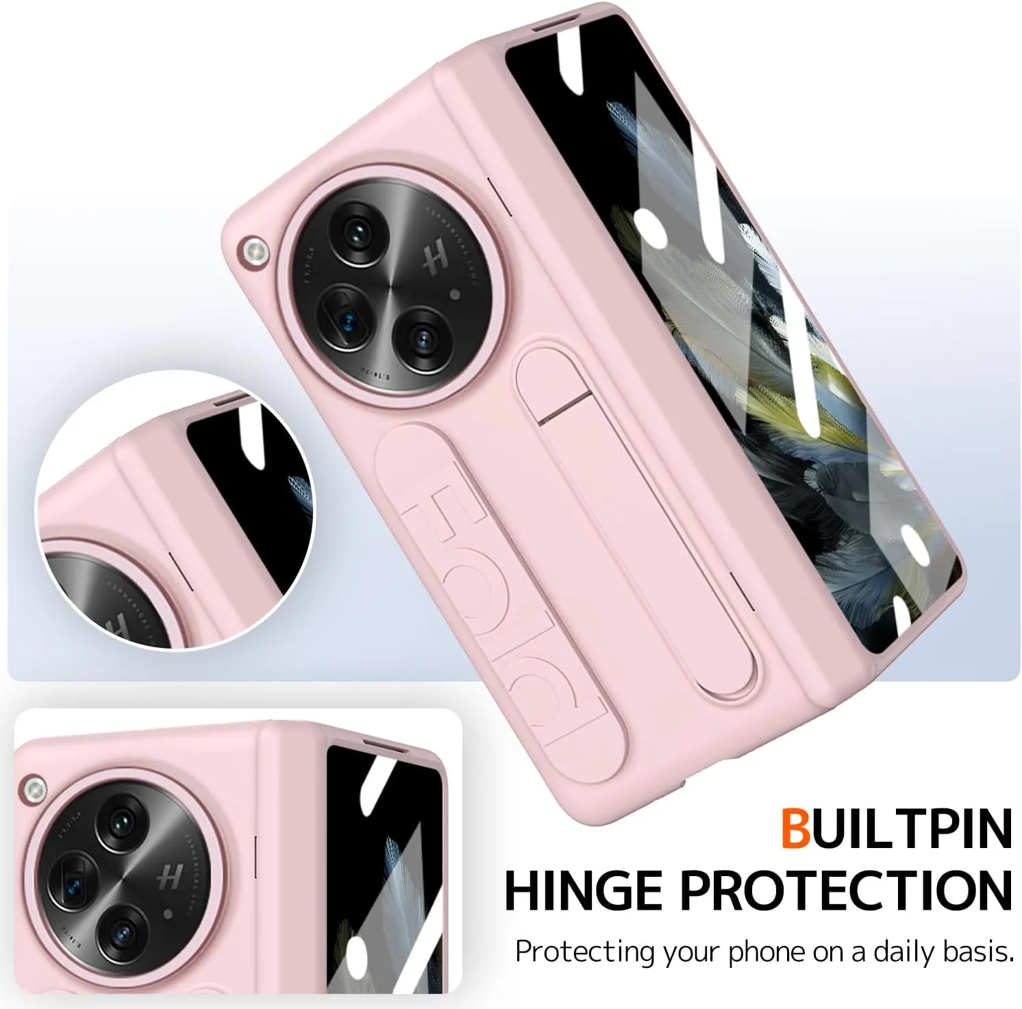 NINKI Grip for OnePlus Open Phone Case with Wrist Strap,Cute Hinge Protective Phone Cover for OnePlus Open 5G Case Hand Strap,Kickstand Cover for Oppo Find N3 Bumper with Screen Protector Women Pink
