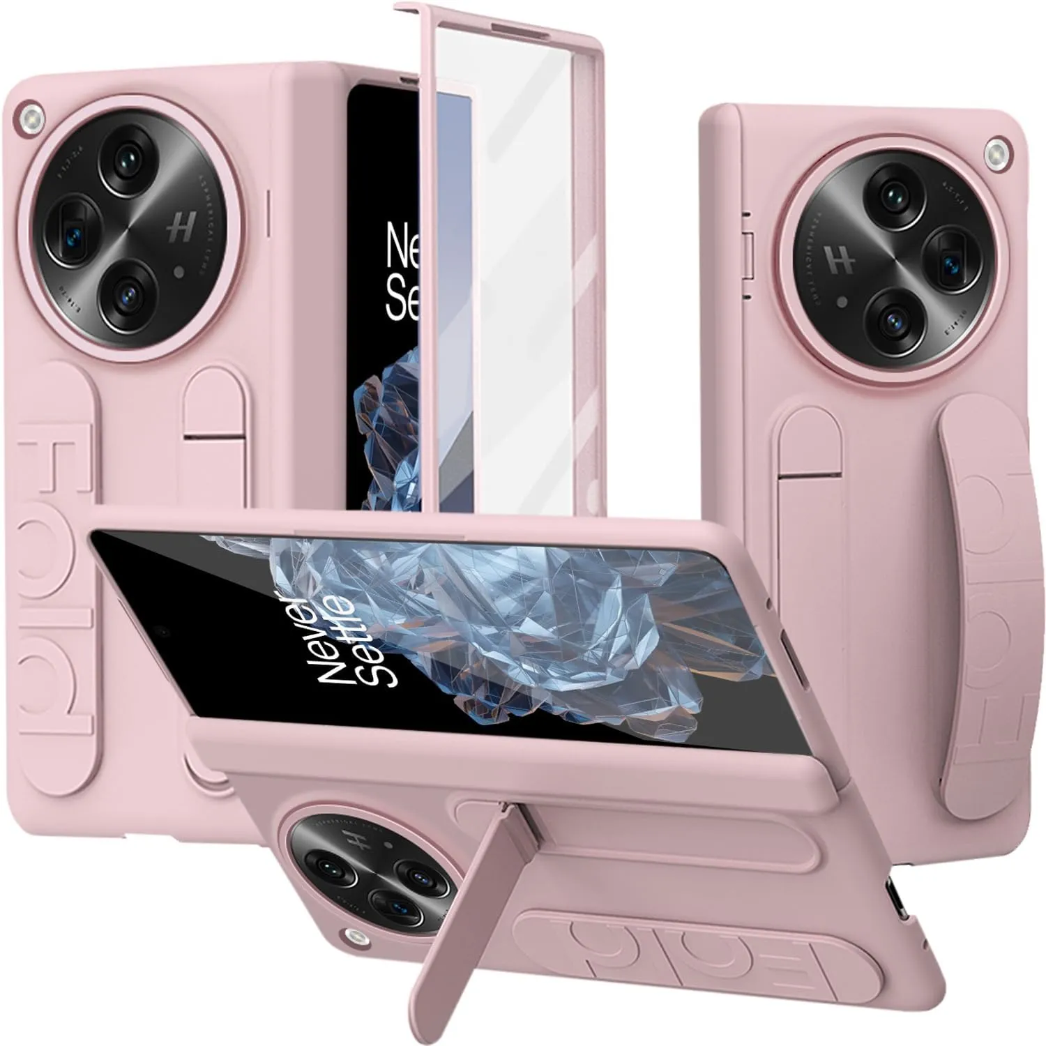 NINKI Grip for OnePlus Open Phone Case with Wrist Strap,Cute Hinge Protective Phone Cover for OnePlus Open 5G Case Hand Strap,Kickstand Cover for Oppo Find N3 Bumper with Screen Protector Women Pink