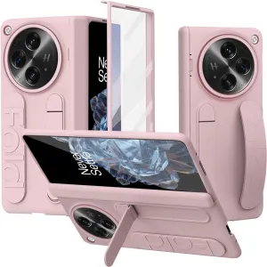 NINKI Grip for OnePlus Open Phone Case with Wrist Strap,Cute Hinge Protective Phone Cover for OnePlus Open 5G Case Hand Strap,Kickstand Cover for Oppo Find N3 Bumper with Screen Protector Women Pink
