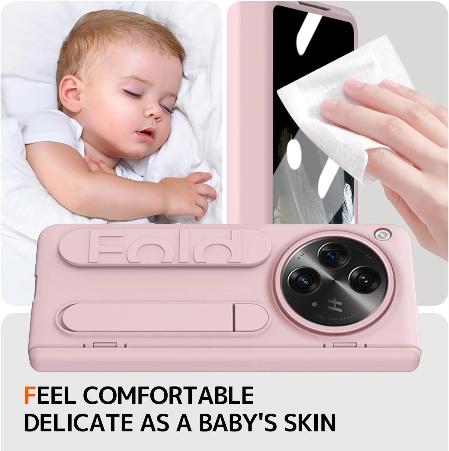 NINKI Grip for OnePlus Open Phone Case with Wrist Strap,Cute Hinge Protective Phone Cover for OnePlus Open 5G Case Hand Strap,Kickstand Cover for Oppo Find N3 Bumper with Screen Protector Women Pink