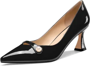 NobleOnly Womens Mid Heel Pointed Toe Slip-on Pearls Dress Pumps Glitter Casual Patent Leather Shoes 2.4 Inches Heels