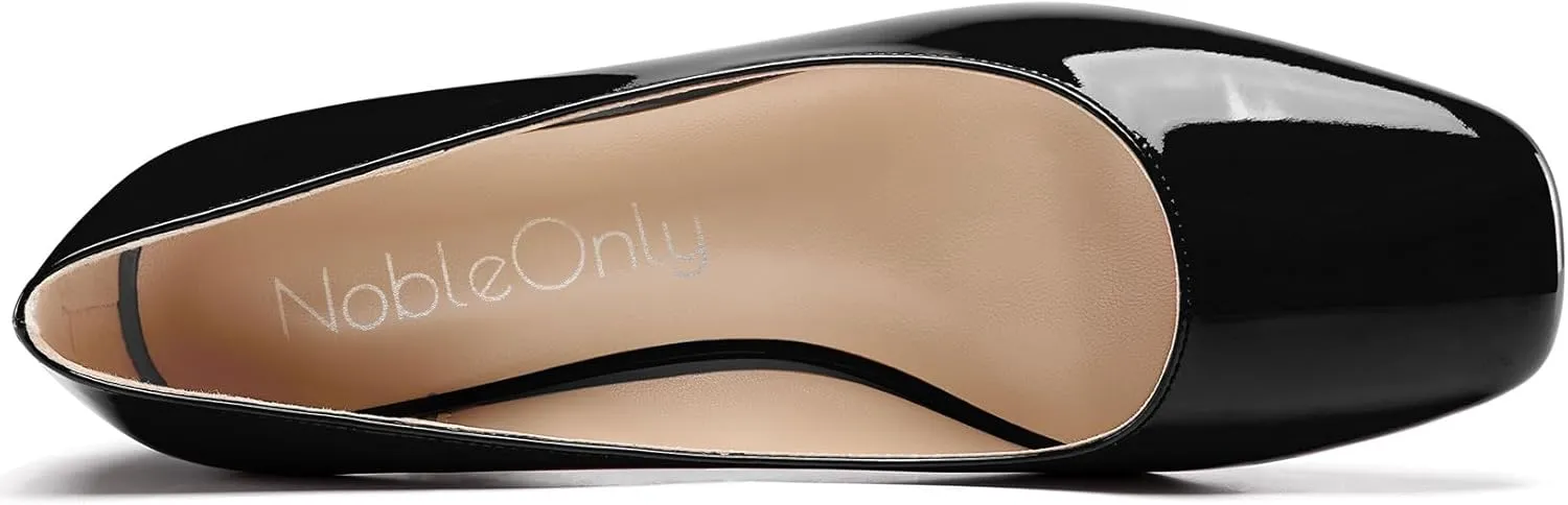 NobleOnly Womens Mid Wedge Heel Close Square Toe Slip-on Patent Leather Pumps Casual Office Dress Basic Classic Shoes 2.0 Inches Heels