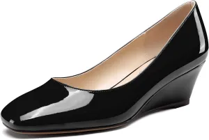 NobleOnly Womens Mid Wedge Heel Close Square Toe Slip-on Patent Leather Pumps Casual Office Dress Basic Classic Shoes 2.0 Inches Heels