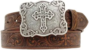 Nocona Women's Belt with Embossed Cross Strap and Buckle, Brown, 2X-Large