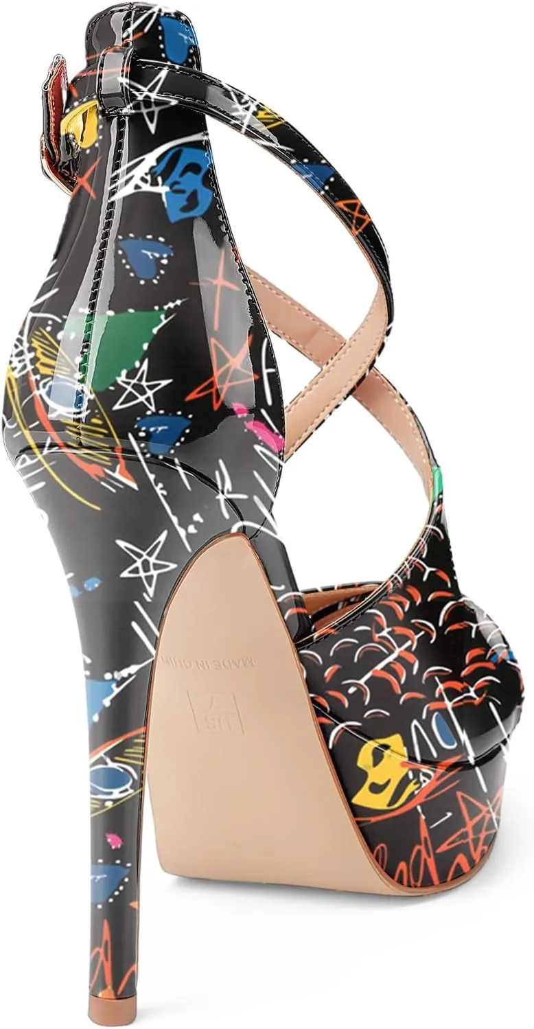 Oh Mispares Platform High Heel Sandals Peep Toe Stiletto Crisscross Strappy Buckle 5 inch Heels Dressy Heeled Sandals for Women/Girls