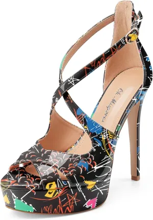 Oh Mispares Platform High Heel Sandals Peep Toe Stiletto Crisscross Strappy Buckle 5 inch Heels Dressy Heeled Sandals for Women/Girls