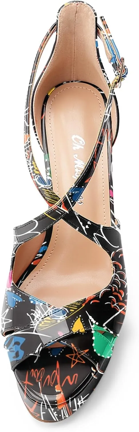 Oh Mispares Platform High Heel Sandals Peep Toe Stiletto Crisscross Strappy Buckle 5 inch Heels Dressy Heeled Sandals for Women/Girls