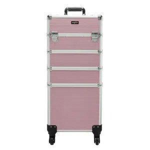 OmySalon Aluminum 4 in 1 Rolling Makeup Train Case, Travel Organizer Cosmetic Case, Cosmetology Display Suitcase Beauty Storage Luggage Lockable w/4 Removable Wheels (Pink)