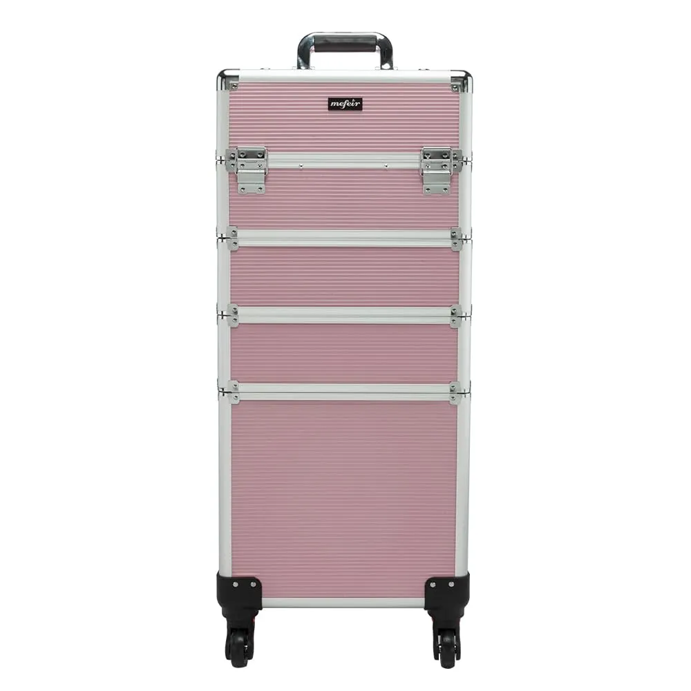 OmySalon Aluminum 4 in 1 Rolling Makeup Train Case, Travel Organizer Cosmetic Case, Cosmetology Display Suitcase Beauty Storage Luggage Lockable w/4 Removable Wheels (Pink)