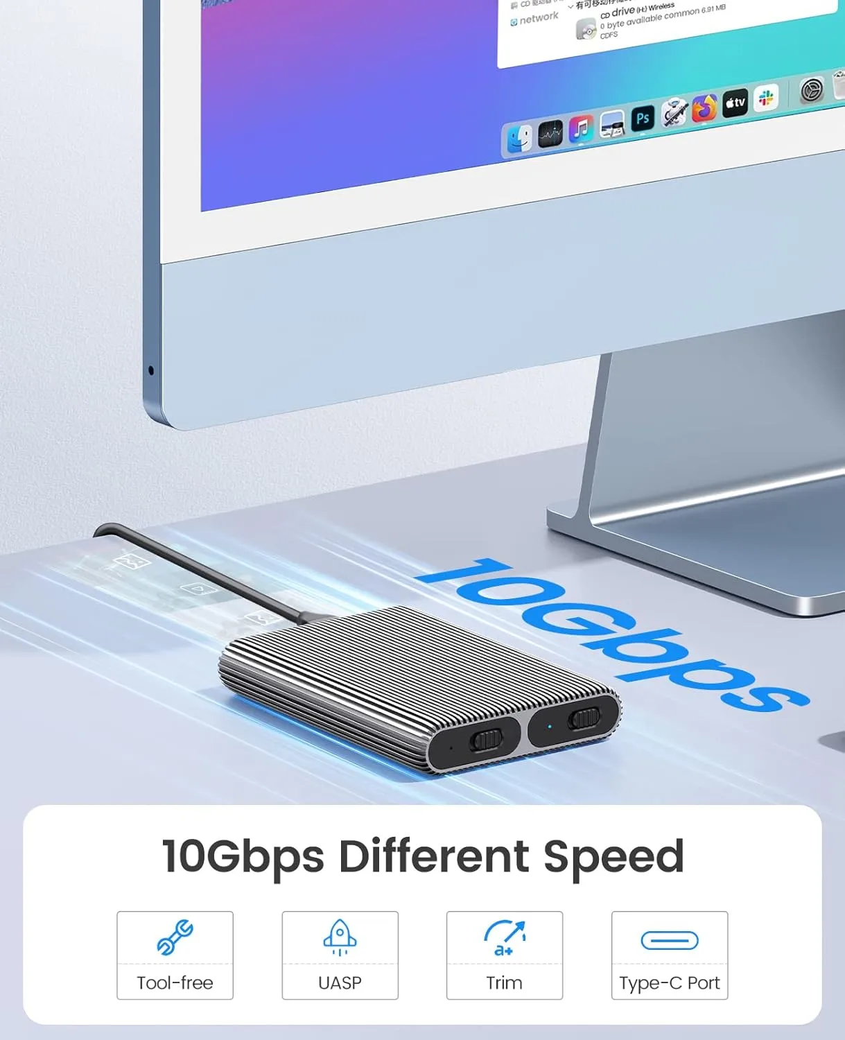 ORICO Dual M.2 NVMe SSD Aluminum USB3.2 Gen2 10Gbps, M.2 Type-C Docking Station for PCIe M-Key, B&M Key 2230/2242/2260/2280 SSD, Tool-Free, Up to 4TB