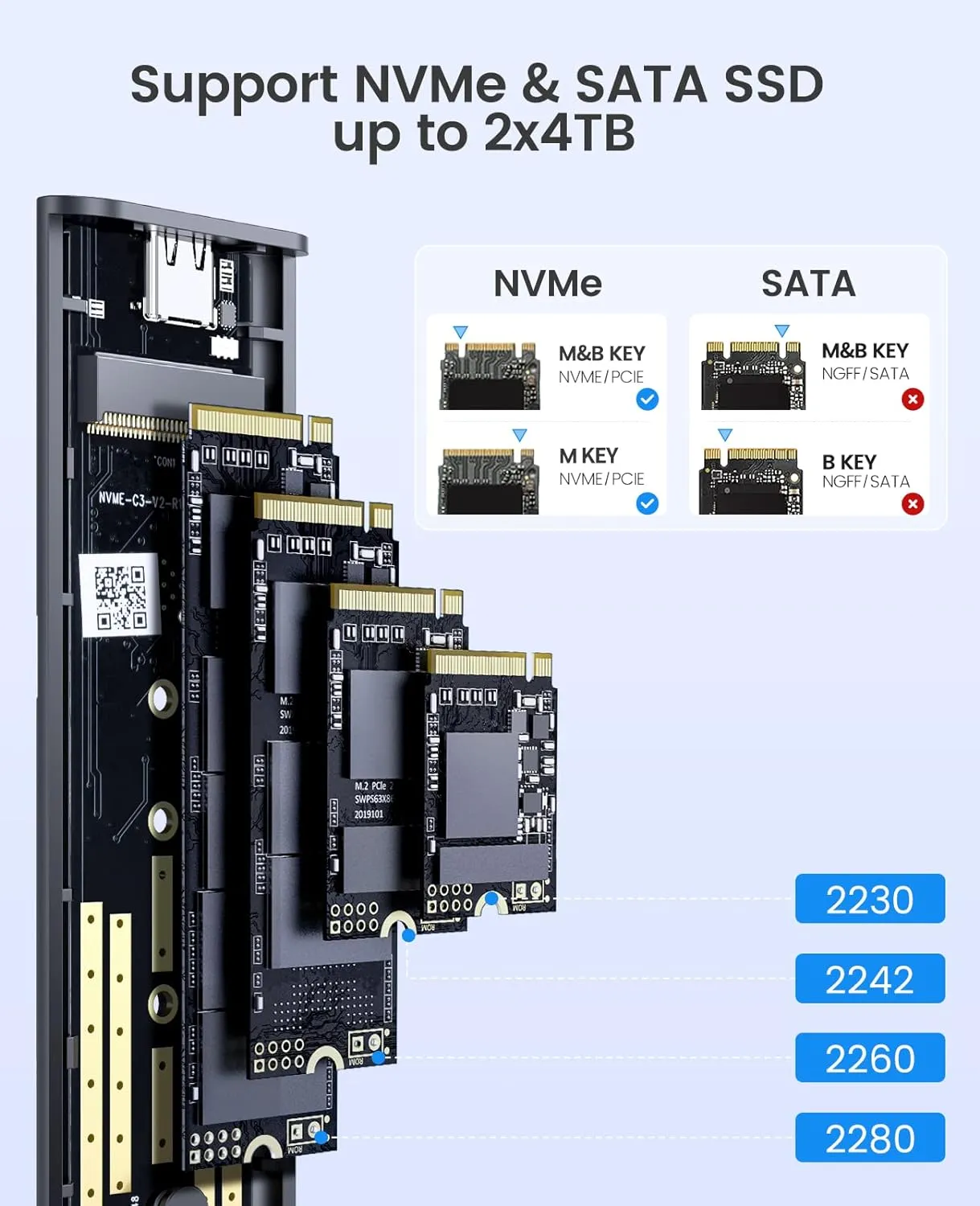ORICO Dual M.2 NVMe SSD Aluminum USB3.2 Gen2 10Gbps, M.2 Type-C Docking Station for PCIe M-Key, B&M Key 2230/2242/2260/2280 SSD, Tool-Free, Up to 4TB