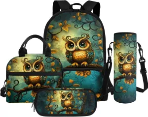 Owl Bookbag and Lunch Box Set for Girls Trendy Backpack for Kindergarten Girls 4 in 1 Set for Primary Kids Casual Daypack Tote Bags