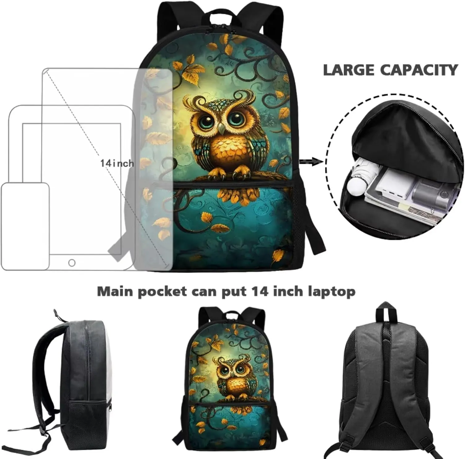 Owl Bookbag and Lunch Box Set for Girls Trendy Backpack for Kindergarten Girls 4 in 1 Set for Primary Kids Casual Daypack Tote Bags