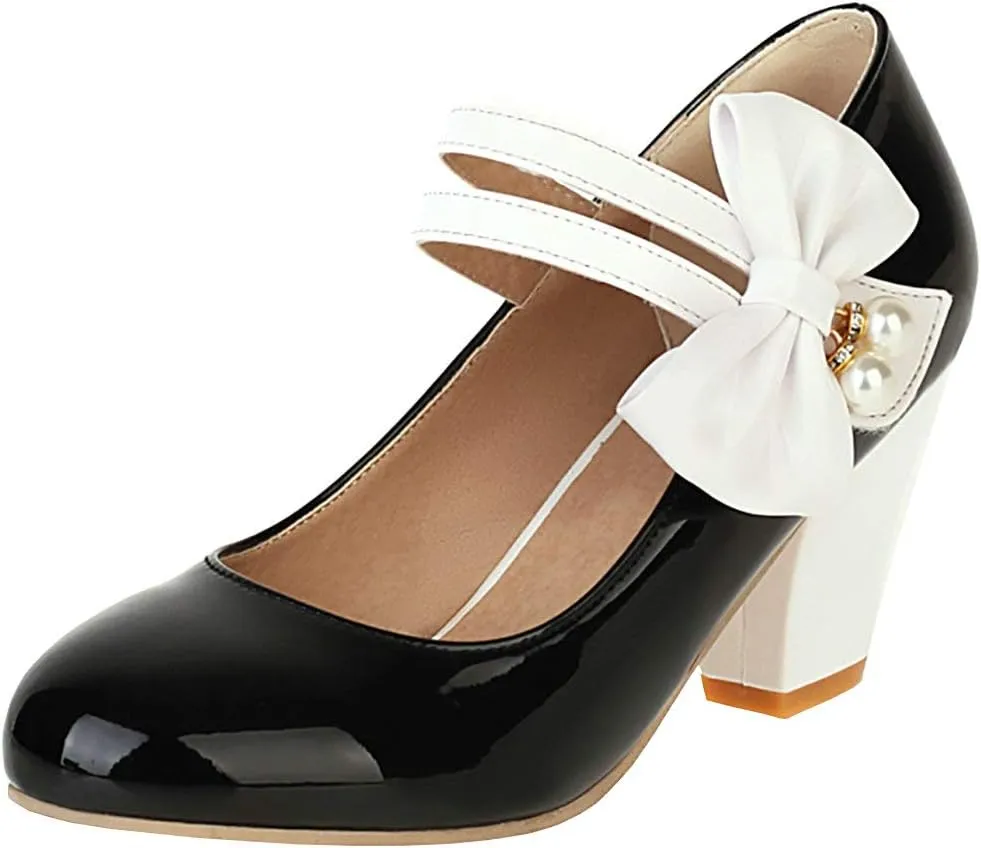 Parisuit Women's Chunky High Heels Mary Jane Pumps Vintage Ankle Strap Dress Sweet Shoes with Bow