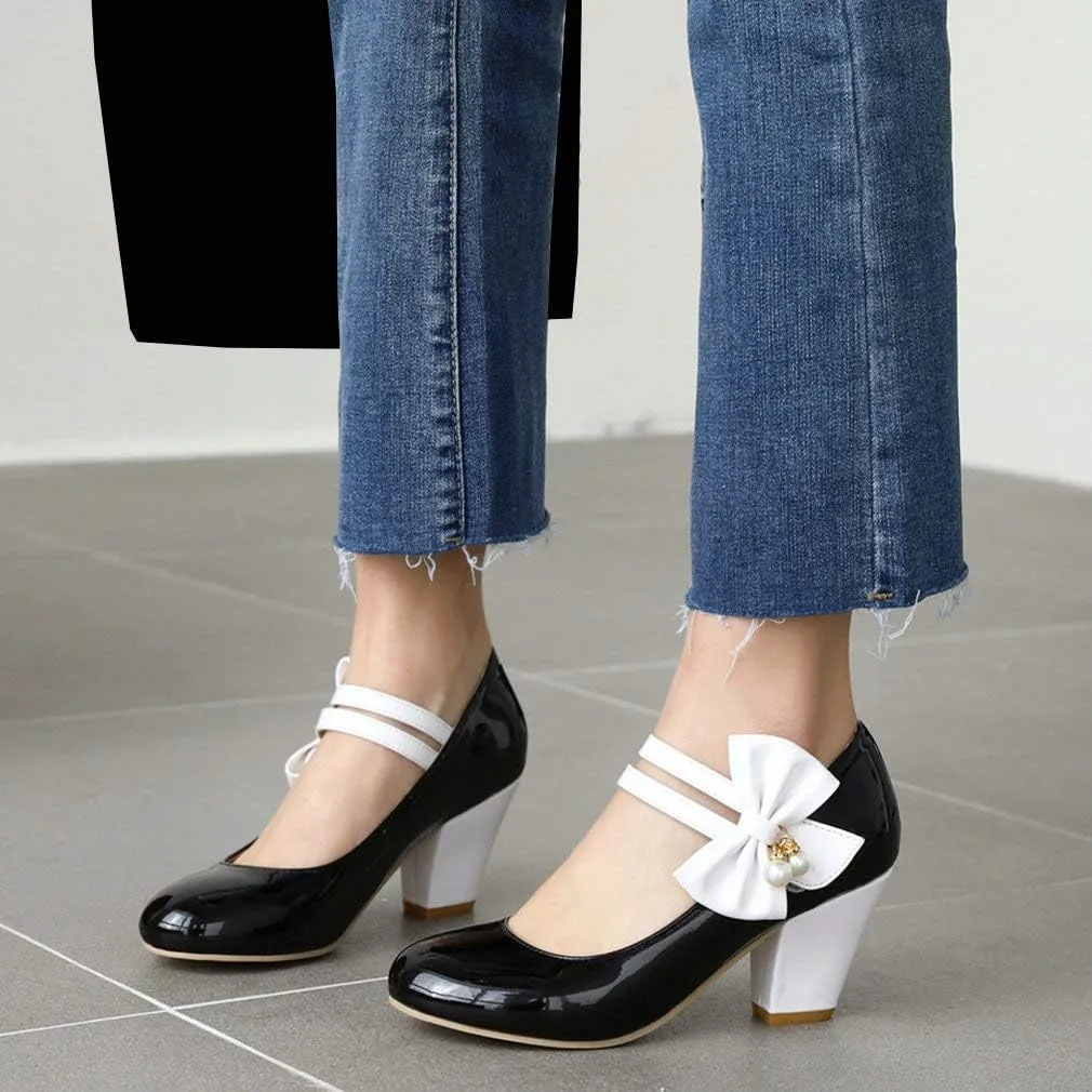 Parisuit Women's Chunky High Heels Mary Jane Pumps Vintage Ankle Strap Dress Sweet Shoes with Bow