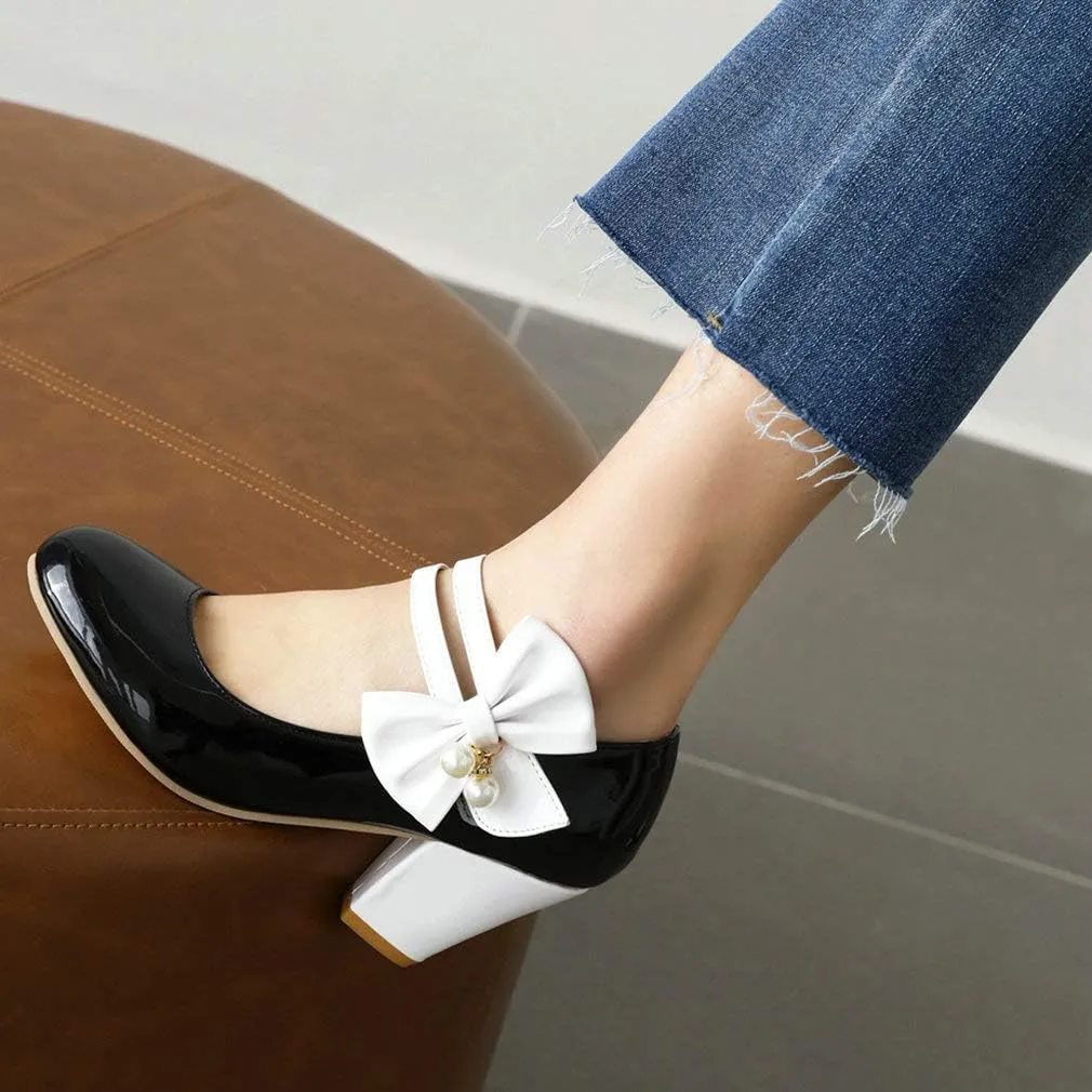 Parisuit Women's Chunky High Heels Mary Jane Pumps Vintage Ankle Strap Dress Sweet Shoes with Bow
