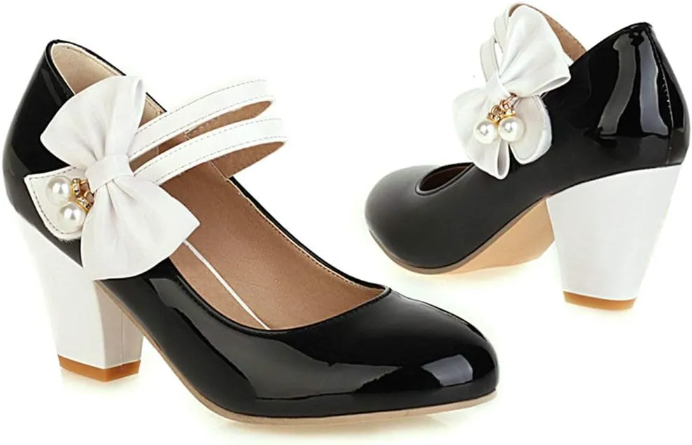 Parisuit Women's Chunky High Heels Mary Jane Pumps Vintage Ankle Strap Dress Sweet Shoes with Bow