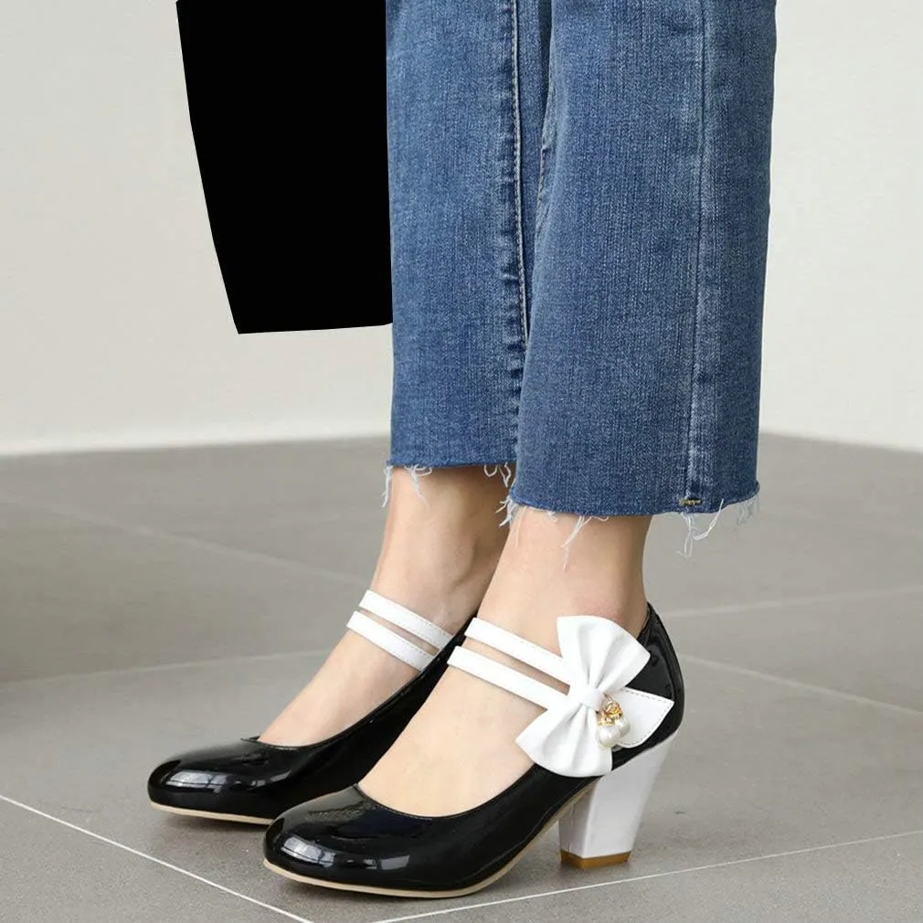 Parisuit Women's Chunky High Heels Mary Jane Pumps Vintage Ankle Strap Dress Sweet Shoes with Bow