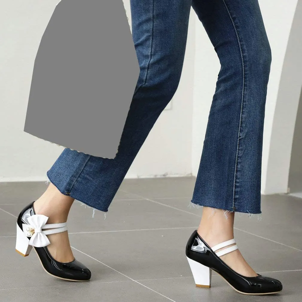 Parisuit Women's Chunky High Heels Mary Jane Pumps Vintage Ankle Strap Dress Sweet Shoes with Bow