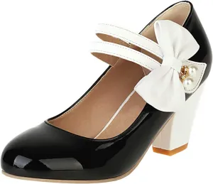 Parisuit Women's Chunky High Heels Mary Jane Pumps Vintage Ankle Strap Dress Sweet Shoes with Bow